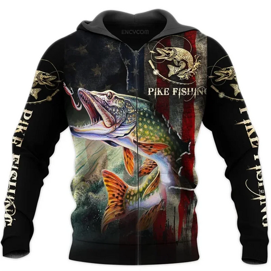 Men Zip Up Hoodie Pike Fishing Sweatshirt