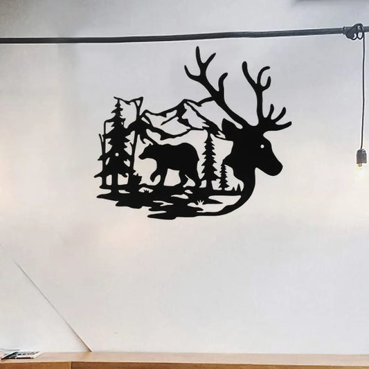 Deer Bear Sign Forest Pine Tree Black Cutout Signs Metal Wall Art Decor