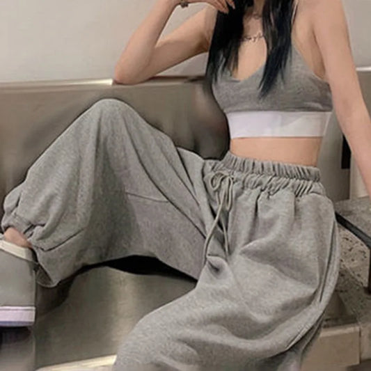 DIHOPE Gray Sweatpants for Women 2024 Autumn New Baggy Fashion Oversize Sports Pants Balck Trousers Female Joggers Streetwear